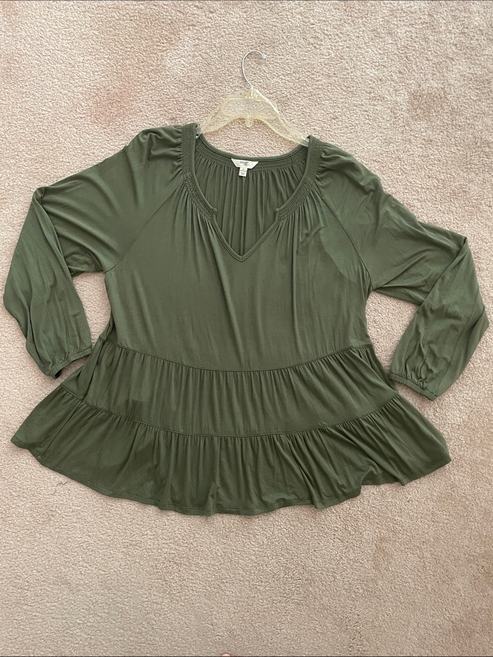 Terra & Sky Olive Green Tiered Peplum Babydoll Top 1X Boho Soft Stretch